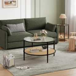 30" Rattan Coffee Table, 2-Tier Round End Table With Storage, Round Water-Wave Glass Metal Center Tables 14 30" Rattan Coffee Table, 2-Tier Round End Table With Storage, Round Water-Wave Glass Metal Center Tables -Garvee Sales GUEST 7f40187a ccc2 41fc 9a2f e98e1d76064c