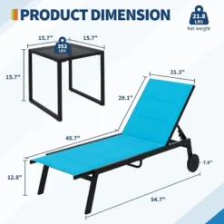 3 Piece Outdoor Chaise Lounge Chair Set, Patio Pool Chairs With Backrest, Wheels, Outdoor Furniture With Side Table For Deck, Garden, Beach