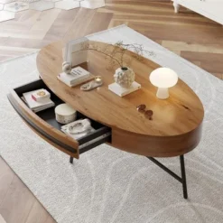 Oval Coffee Table With Drawer Mid-Century Modern Center Table 47.2“ Wooden Coffee Table With Storage -Garvee Sales GUEST 80c2d23c c129 4da8 a915 0ea6e9f06fb9