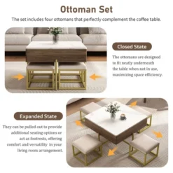 Lift Top Coffee Table With Hidden Storage, Modern Square Center Table With 4 Ottomans, Wood Cocktail Table Center Table For Living Room White -Garvee Sales GUEST 814c7f1a ce47 4565 ba6c bd2db87b7d00