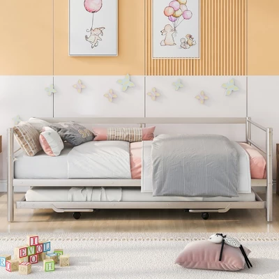 Twin Size Daybed With Pop Up Trundle, Bed Frame With Braces Safety Guardrail, No Box Spring Needed, Sturdy Metal Slat Support, Folding Platform Bed 2 Twin Size Daybed With Pop Up Trundle, Bed Frame With Braces Safety Guardrail, No Box Spring Needed, Sturdy Metal Slat Support, Folding Platform Bed - Image 2