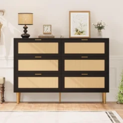 Rattan 6 Drawer Dresser, Wide Double Dresser With Gold Handles & Legs, Modern Chest With Large Storage For Bedroom Or Living Room