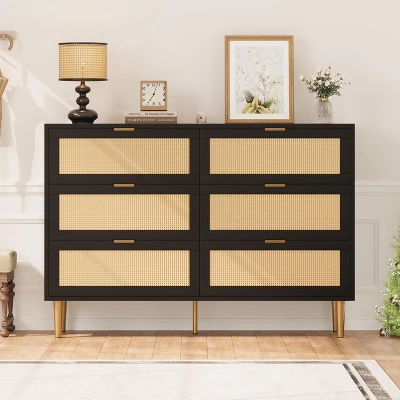 Rattan 6 Drawer Dresser, Wide Double Dresser With Gold Handles & Legs, Modern Chest With Large Storage For Bedroom Or Living Room 1 Rattan 6 Drawer Dresser, Wide Double Dresser With Gold Handles & Legs, Modern Chest With Large Storage For Bedroom Or Living Room