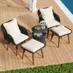 5 Piece Outdoor Patio Furniture Set, Wicker Outdoor Conversation Set With Bar Table And Ottomans, Cushioned Patio Chairs For Poolside Backyard