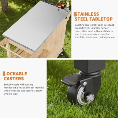 Outdoor Grill Cart, Solid Wood BBQ Cart Prep Table, Portable Rolling Kitchen Island With Stainless Steel Top, Drawer, & Open Shelves 5 Outdoor Grill Cart, Solid Wood BBQ Cart Prep Table, Portable Rolling Kitchen Island With Stainless Steel Top, Drawer, & Open Shelves - Image 5