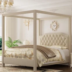 Upholstered Canopy Bed Frame With Headboard, Button Tufted, Nailhead Trim Design, No Box Spring Required 11 Upholstered Canopy Bed Frame With Headboard, Button Tufted, Nailhead Trim Design, No Box Spring Required -Garvee Sales GUEST 829d15cf aebd 4bc2 bc27 cc0eae351dbc
