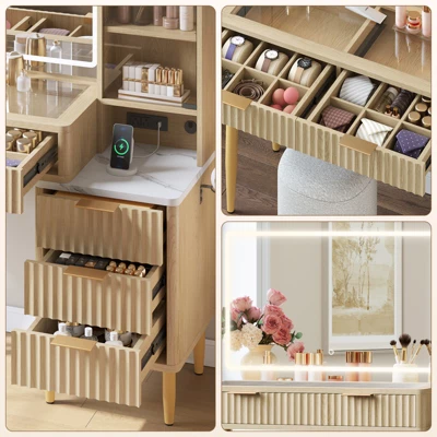 Makeup Vanity Desk With Lights, Fluted Wooden Dressing Table With 5 Drawers And Adjustable Shelves, Makeup Vanity Table Modern Glass Top For Bedroom 6 Makeup Vanity Desk With Lights, Fluted Wooden Dressing Table With 5 Drawers And Adjustable Shelves, Makeup Vanity Table Modern Glass Top For Bedroom - Image 6