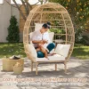 Wicker Egg Chair Outdoor, Oversized Egg-Shaped Chair W/Metal Frame Stand, 500 Lbs Capacity Oversized Attan Egg Lounge Chairs For Patio, Living Room