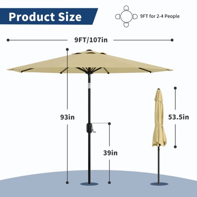 9ft Patio Umbrella With Crank & Tilt – 8-Rib Water-Resistant Outdoor Table Umbrella For Pool, Deck, Garden & Yard 3 9ft Patio Umbrella With Crank & Tilt – 8-Rib Water-Resistant Outdoor Table Umbrella For Pool, Deck, Garden & Yard - Image 3