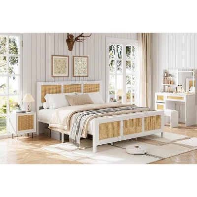Full Size Rattan Bed Frame With Headboard & Footboard, Noise-Free Metal Platform, No Box Spring Needed, Easy Assembly, White 6 Full Size Rattan Bed Frame With Headboard & Footboard, Noise-Free Metal Platform, No Box Spring Needed, Easy Assembly, White - Image 6