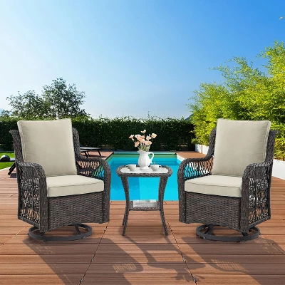 Outdoor Swivel Rocker Chairs Set 3 Piece Wicker Swivel Patio Chair With Rocking Chair, Thickened Cushions & Rattan Side Table For Balcony, Porch 8 Outdoor Swivel Rocker Chairs Set 3 Piece Wicker Swivel Patio Chair With Rocking Chair, Thickened Cushions & Rattan Side Table For Balcony, Porch - Image 8