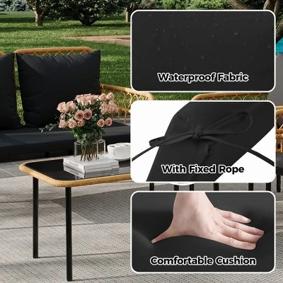 4-Piece Patio Set With Deep Seating & Waterproof Cushions, Boho Wicker Furniture With Coffee Table For Balcony, Backyard, Garden 4 4-Piece Patio Set With Deep Seating & Waterproof Cushions, Boho Wicker Furniture With Coffee Table For Balcony, Backyard, Garden - Image 4