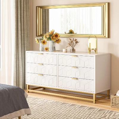 6-Drawer Dresser For Bedroom – Modern Wood Chest With Gold Metal Handles For Hallway, Entryway, And Living Room 7 6-Drawer Dresser For Bedroom – Modern Wood Chest With Gold Metal Handles For Hallway, Entryway, And Living Room - Image 7