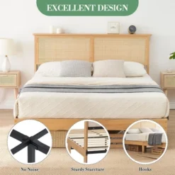 Rattan Bed Frame Full With Natural Rattan Headboard,Bohemian Rattan Full Size Bed Frame With LED Lights, With Silent Slats,No Box Spring Needed (Full) -Garvee Sales GUEST 85d0ee2f 94b5 4681 87e4 3818c7feeda6