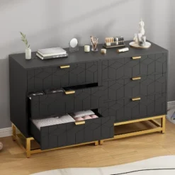 Modern 3/4/5/6/7 Drawer Dresser, Wide Chest With Gold Metal Legs & Handles, Wood Storage Organizer For Bedroom, Living Room, Hallway