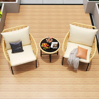 3-Piece Bistro Patio Set, All-Weather Wicker Conversation Set With Cushions & Coffee Table For Garden, Balcony, Deck, Or Poolside ¨C Beige 4 3-Piece Bistro Patio Set, All-Weather Wicker Conversation Set With Cushions & Coffee Table For Garden, Balcony, Deck, Or Poolside ¨C Beige - Image 4