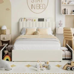 Twin/Twin XL/Full/Queen Bed Frame With Bookcase Headboard And 2 Drawers, Kids Bed Frame, Boucle Upholstered Platform Bed, Easy Assembly