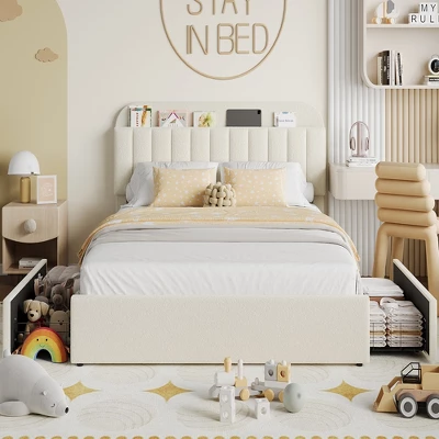 Twin/Twin XL/Full/Queen Bed Frame With Bookcase Headboard And 2 Drawers, Kids Bed Frame, Boucle Upholstered Platform Bed, Easy Assembly 1 Twin/Twin XL/Full/Queen Bed Frame With Bookcase Headboard And 2 Drawers, Kids Bed Frame, Boucle Upholstered Platform Bed, Easy Assembly