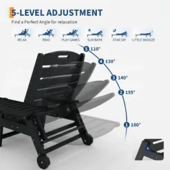 Lounge Chair For Outside, Outdoor HDPE Chaise Loungers With Cup Holder, Resin Pool Lounge Chair With Rolling Wheels