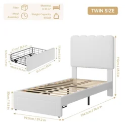 Twin Bed Frame With Storage Drawer And Headboard, Velvet Upholstered Twin Platform Bed Frame For Girls, Strong Wooden Slats Support, Noise-Free