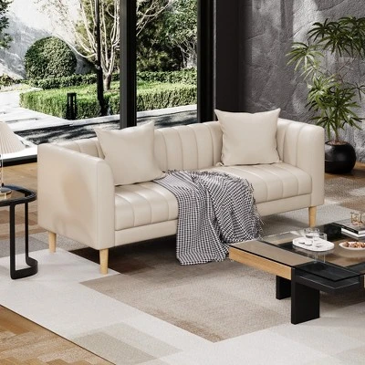 Garvee Faux Leather Sofa Couch, Modern 78" W Sofa With Deep Seats, 3 Seater Sofa Couch With 2 Throw Pillows And Wood Legs, For Living Room 2 Garvee Faux Leather Sofa Couch, Modern 78" W Sofa With Deep Seats, 3 Seater Sofa Couch With 2 Throw Pillows And Wood Legs, For Living Room - Image 2