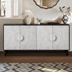 Sideboard Buffet, Wood Floor Cabinet With Carved Flower Door, Metal Handle, Freestanding Sideboard 14 Sideboard Buffet, Wood Floor Cabinet With Carved Flower Door, Metal Handle, Freestanding Sideboard -Garvee Sales GUEST 899117a5 e4fc 4540 81ae 5a8f49fed566