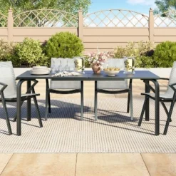 70.9"x35" Outdoor Dining Table, 8 Person Aluminum Patio Table With Slat Top And Umbrella Hole, All-Weather Black Rectangular Table -Garvee Sales GUEST 89ee0737 b5fa 4ec8 9cee 57ed58d6fbae
