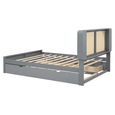 Queen Size Bed Frame With Trundle, Wood Platform Bed With Rattan Headboard & 2 Drawers, Wooden Slats Support, No Box Spring Required 2 Queen Size Bed Frame With Trundle, Wood Platform Bed With Rattan Headboard & 2 Drawers, Wooden Slats Support, No Box Spring Required - Image 2