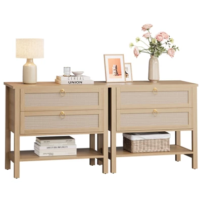 Rattan Night Stand Set Of 2, Boho Nightstand With 2 Drawers And Storage Shelf, Modern Farmhouse Nightstand, Side Tables For Living Room, Bedroom 9 Rattan Night Stand Set Of 2, Boho Nightstand With 2 Drawers And Storage Shelf, Modern Farmhouse Nightstand, Side Tables For Living Room, Bedroom - Image 9