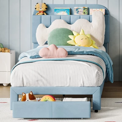 Garvee Twin Bed Frame With Drawer, Velvet Upholstered Platform Bed Frame With Storage Headboard, No Box Spring Needed, Easy Assembly 2 Garvee Twin Bed Frame With Drawer, Velvet Upholstered Platform Bed Frame With Storage Headboard, No Box Spring Needed, Easy Assembly - Image 2