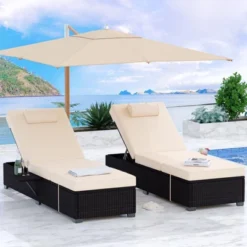 Garvee Patio Lounge Chairs, 2-Piece PE Wicker Patio Lounge Set, Adjustable Rattan Chaise Chairs W/Storage Table, Outdoor Pool Furniture