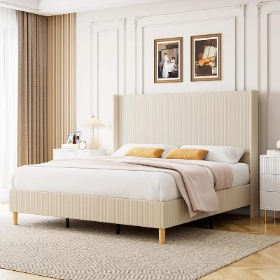 Bed Frame, Corduroy Upholstered Queen Bed Frame With Wingback Headboard, No Box Spring Needed, Solid Wooden Slats, Noise Free 10 Bed Frame, Corduroy Upholstered Queen Bed Frame With Wingback Headboard, No Box Spring Needed, Solid Wooden Slats, Noise Free - Image 10