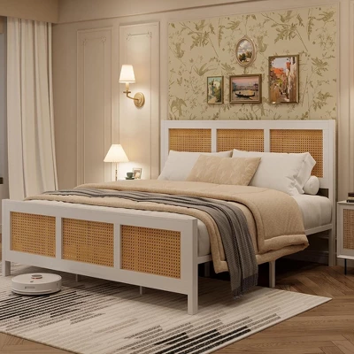 Full Size Rattan Bed Frame With Headboard & Footboard, Noise-Free Metal Platform, No Box Spring Needed, Easy Assembly, White 2 Full Size Rattan Bed Frame With Headboard & Footboard, Noise-Free Metal Platform, No Box Spring Needed, Easy Assembly, White - Image 2