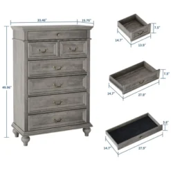 Farmhouse Tall Dresser For Bedroom With 7 Drawers, 50" Tall Large Wood Chest Of Drawers