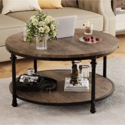 Round Coffee Table Rustic Center Table With Storage Shelf Wood Circle Coffee Table With Sturdy Metal Legs Living Room -Garvee Sales GUEST 8b1afdc4 c204 455f 87fa f10630194d3e 1
