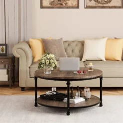 Round Coffee Table Coffee Table For Living Room 2-Tier Rustic Wood Desktop With Storage Shelf Modern Design Home Furniture -Garvee Sales GUEST 8c83524e 33f7 4736 b61c 5c050833150e