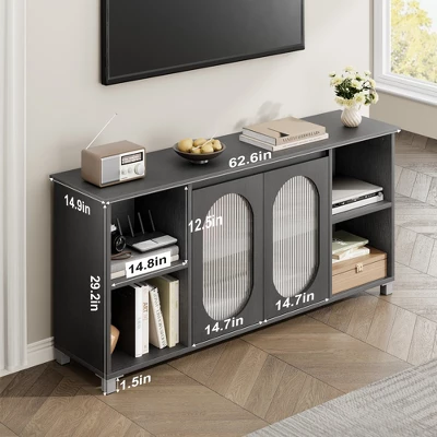 Modern TV Stand For 65 Inch, Black Entertainment Center With Storage Shelves & Glass Doors – Wooden Media Console Cabinet For Living Room 3 Modern TV Stand For 65 Inch, Black Entertainment Center With Storage Shelves & Glass Doors – Wooden Media Console Cabinet For Living Room - Image 3