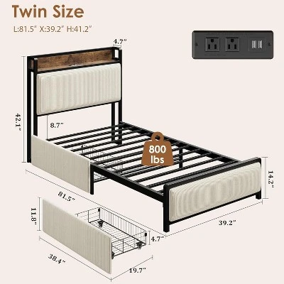 Twin Size Bed Frame With Storage Drawers & Charging Station - Rustic Velvet Upholstered Platform Bed, No Box Spring Needed 2 Twin Size Bed Frame With Storage Drawers & Charging Station - Rustic Velvet Upholstered Platform Bed, No Box Spring Needed - Image 2