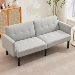 3-Position Adjustable Futon Sofa Bed, Compact Loveseat, Modern Mid-Century Sleeper Sofa, Convertible Couch, Living Room Couches (Grey/Brown) -Garvee Sales GUEST 8cc4681d 906b 4685 bf10 19da4956d8b6