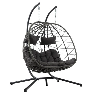 2 Persons Egg Chair With Stand, Large Rattan Wicker Swing With Headrest, Thick Cushion, Indoor Outdoor Hanging Basket Chair 2 2 Persons Egg Chair With Stand, Large Rattan Wicker Swing With Headrest, Thick Cushion, Indoor Outdoor Hanging Basket Chair - Image 2