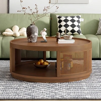 36.8'' Modern Round Coffee Table, 2 Tier Wooden Center Table With PE Rattan Side, Accent Cocktail End Table For Living Room Bedroom Office 8 36.8'' Modern Round Coffee Table, 2 Tier Wooden Center Table With PE Rattan Side, Accent Cocktail End Table For Living Room Bedroom Office - Image 8
