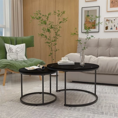 Nesting Coffee Table Set Of 2, 27.6inch Round Coffee Table Wood Marble Pattern Top With Sturdy Metal Frame, End Table Side Tables 5 Nesting Coffee Table Set Of 2, 27.6inch Round Coffee Table Wood Marble Pattern Top With Sturdy Metal Frame, End Table Side Tables - Image 5