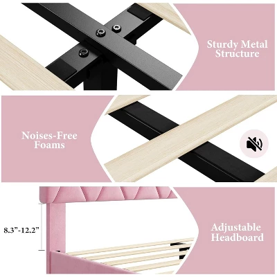 Twin/Full/Queen/King Size Bed Frame With Upholstered Headboard, Wood Slat Platform, No Box Spring Needed, Noise-Free, Easy Assembly, Pink 5 Twin/Full/Queen/King Size Bed Frame With Upholstered Headboard, Wood Slat Platform, No Box Spring Needed, Noise-Free, Easy Assembly, Pink - Image 5