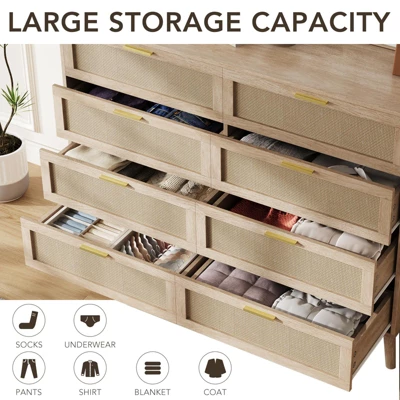 8-Drawers Rattan Dresser For Bedroom, 47 Inch Modern Chest Of Drawers With Metal Handle, Wooden Dresser TV Stand 4 8-Drawers Rattan Dresser For Bedroom, 47 Inch Modern Chest Of Drawers With Metal Handle, Wooden Dresser TV Stand - Image 4