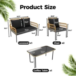 4-Piece Patio Set With Deep Seating & Waterproof Cushions, Boho Wicker Furniture With Coffee Table For Balcony, Backyard, Garden