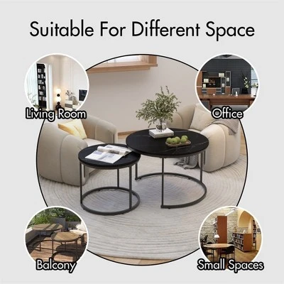 Nesting Coffee Table Set Of 2, 27.6inch Round Coffee Table Wood Marble Pattern Top With Sturdy Metal Frame, End Table Side Tables 2 Nesting Coffee Table Set Of 2, 27.6inch Round Coffee Table Wood Marble Pattern Top With Sturdy Metal Frame, End Table Side Tables - Image 2