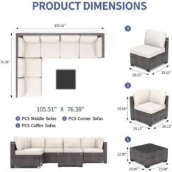 7 PCS Outdoor Patio Furniture Set, Wicker Sectional Sofa Set Rattan Modular Conversation Couch Set With Cushions For Outside, Garden, Balcony, Porch