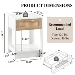 Rattan Nightstand, Modern End Table With Drawer, Nightstand Side Table With Accessories For Living Room Bedroom