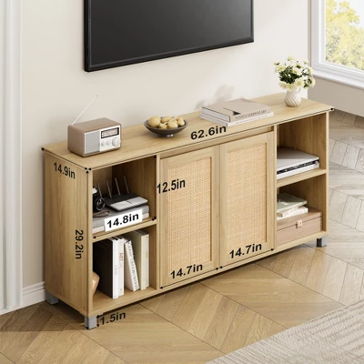 TV Stand For 65 Inch, Entertainment Center With Storage Shelves & Glass Doors – Wooden Media Console Cabinet For Living Room, Bedroom 3 TV Stand For 65 Inch, Entertainment Center With Storage Shelves & Glass Doors – Wooden Media Console Cabinet For Living Room, Bedroom - Image 3