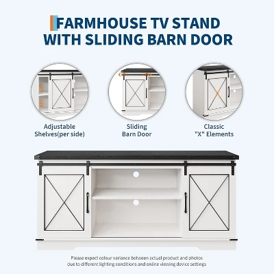 Farmhouse TV Stand And Entertainment Center For TV Up To 65 Inches With Sliding Barn Doors And Adjustable Shelf, White & Brown 4 Farmhouse TV Stand And Entertainment Center For TV Up To 65 Inches With Sliding Barn Doors And Adjustable Shelf, White & Brown - Image 4